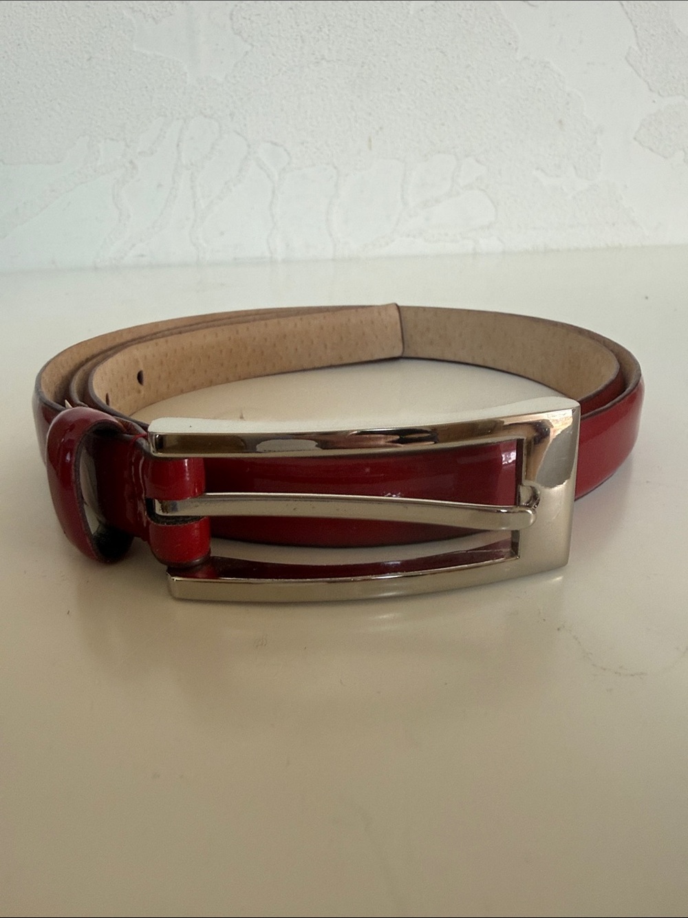 Women's Patent Red Thin Belt with Silver Rectangular Buckle Size XL